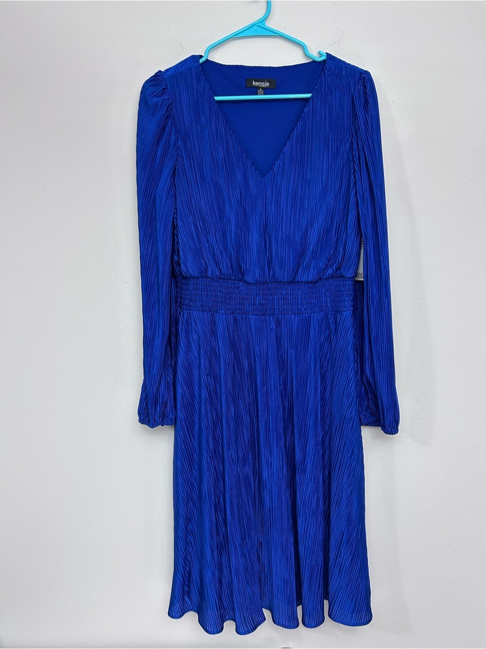 Kensie Cobalt Blue Long Sleeve Pleated V-Neck Midi Dress Elastic Waist Size 10
